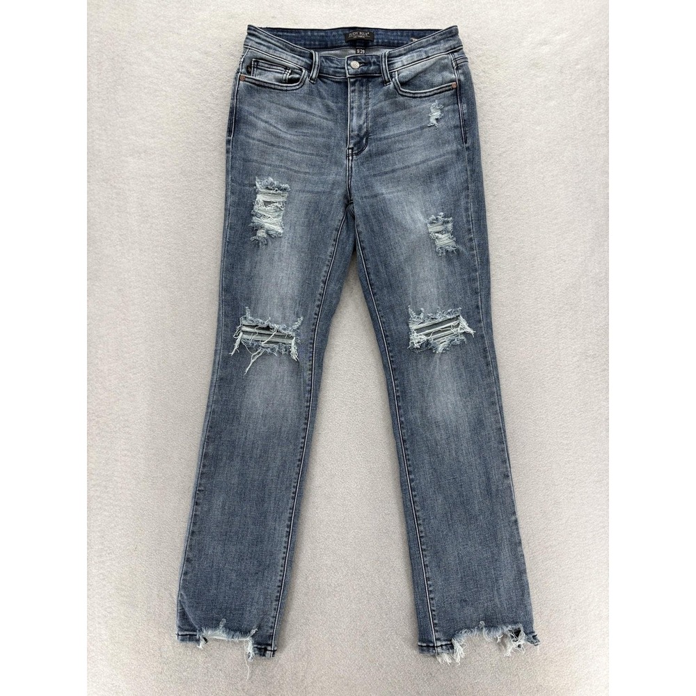 Judy Blue Straight Fit Jeans Womens 9/29 Blue Med Wash Distressed Raw Hem Preppy